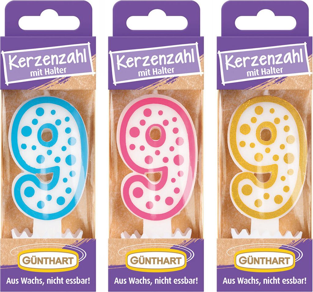 Günthart Wachskerze Nr.9 Geburtstagskerze 1 Stück farblich Sortiert
