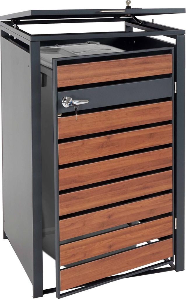 1er Mülltonnenverkleidung HWC-J81, Mülltonnenbox, erweiterbar, Metall 32kg, anthrazit Kirsche-Holzoptik dunkelbraun