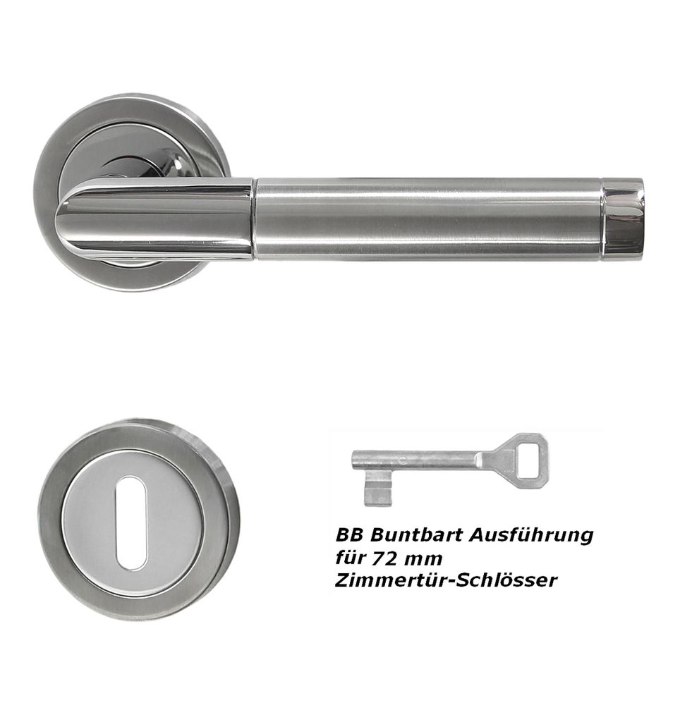 A set of door hardware including a handle, a keyhole escutcheon, and a key.