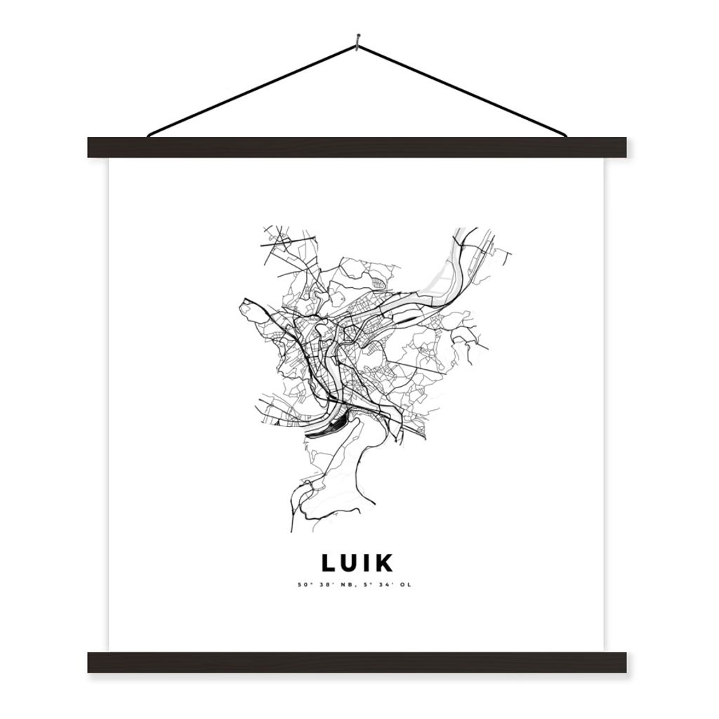 MuchoWow Textilposter Karte - Stadtplan - Lüttich - Belgien - Schwarz und weiß 60x60 cm mit schwarzem Rahmen - Posteraufhänger