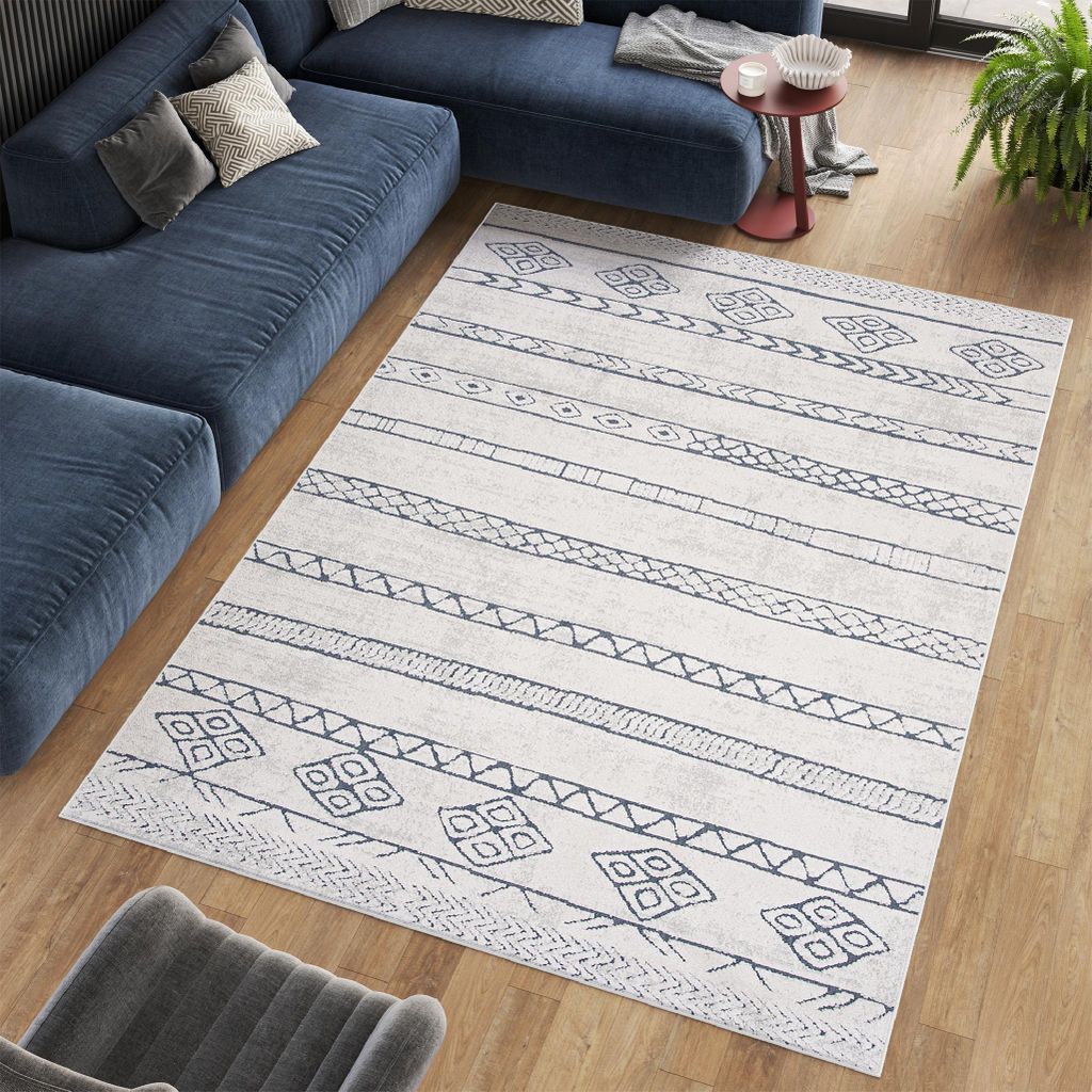 Teppich Wohnzimmer Schlafzimmer Kurzflor Modern Vintage Creme Blau Elfenbein Ethno 140 x 200 cm