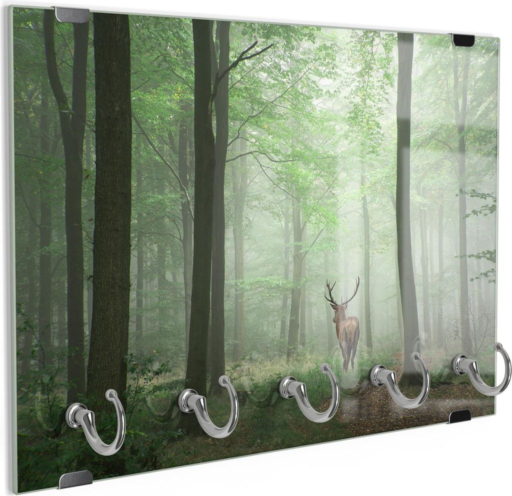 DEQORI Schlüsselbrett Glas 30x20 cm 'Hirsch zwischen Bäumen' Schlüssel Halter Board Haken