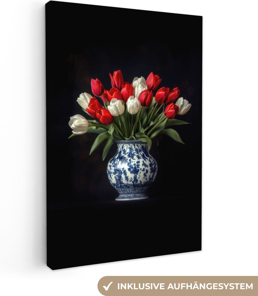 Leinwand Bilder 60x90 cm - Blumen - Tulpen - Rot - Weiß, Wandbilder, Wanddeko Wohnzimmer, Bild