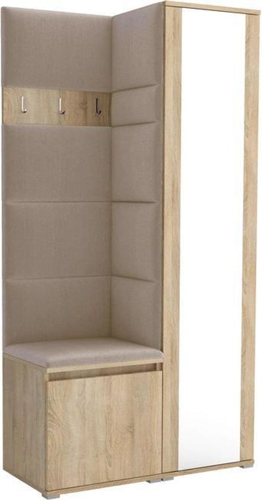 Garderoben-Set Noris VI mit Spiegel, gepolsterte Garderobe 95 cm, kompakte Flurmöbel mit Wandpaneelen, Haken und Stauraum (Farbe: Sonoma Eiche + T...