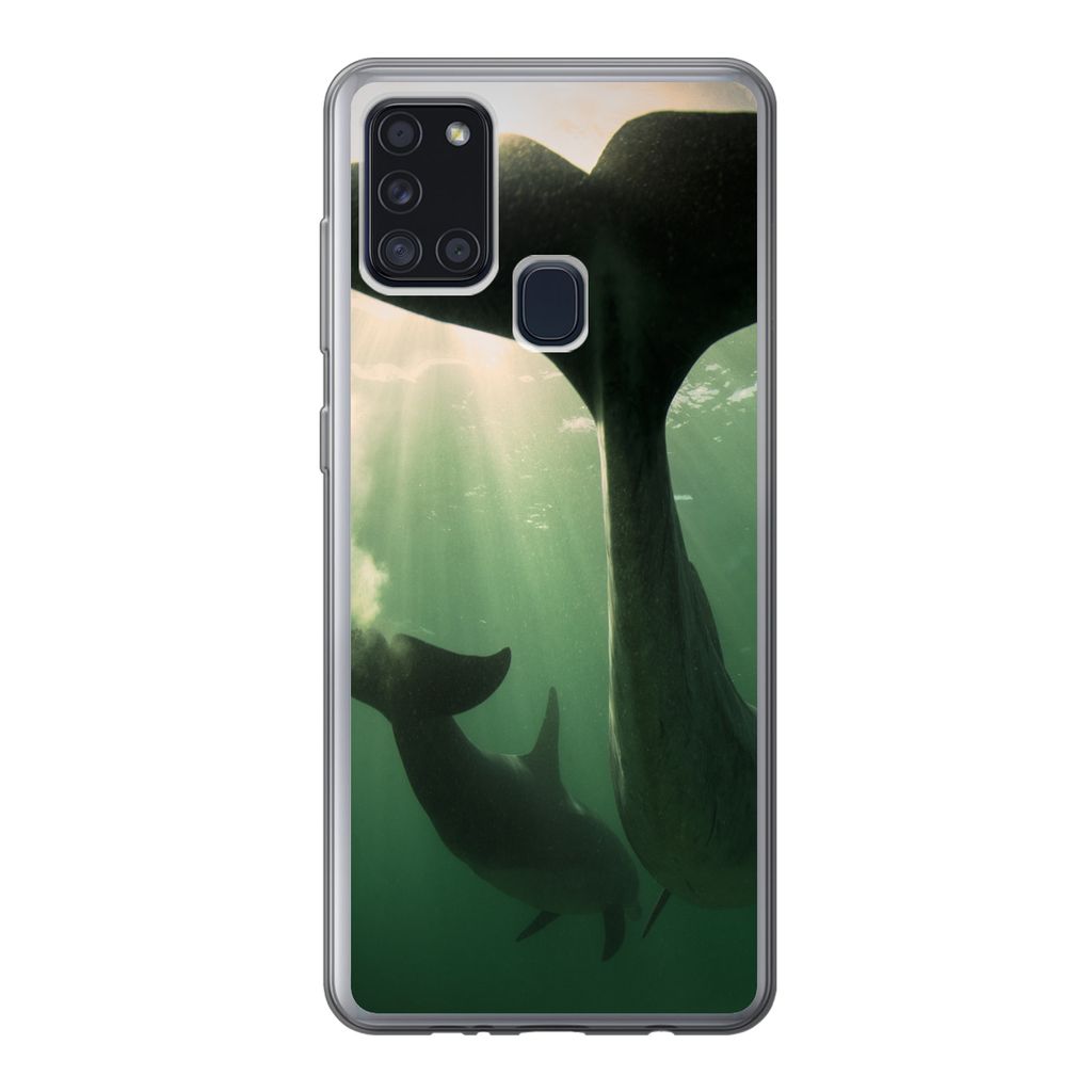 MuchoWow Handyhülle Schutzhülle Hülle für Samsung Galaxy A21s Delfin - Wasser - Blau Silikon Softcase Handy Hülle - Hartschale