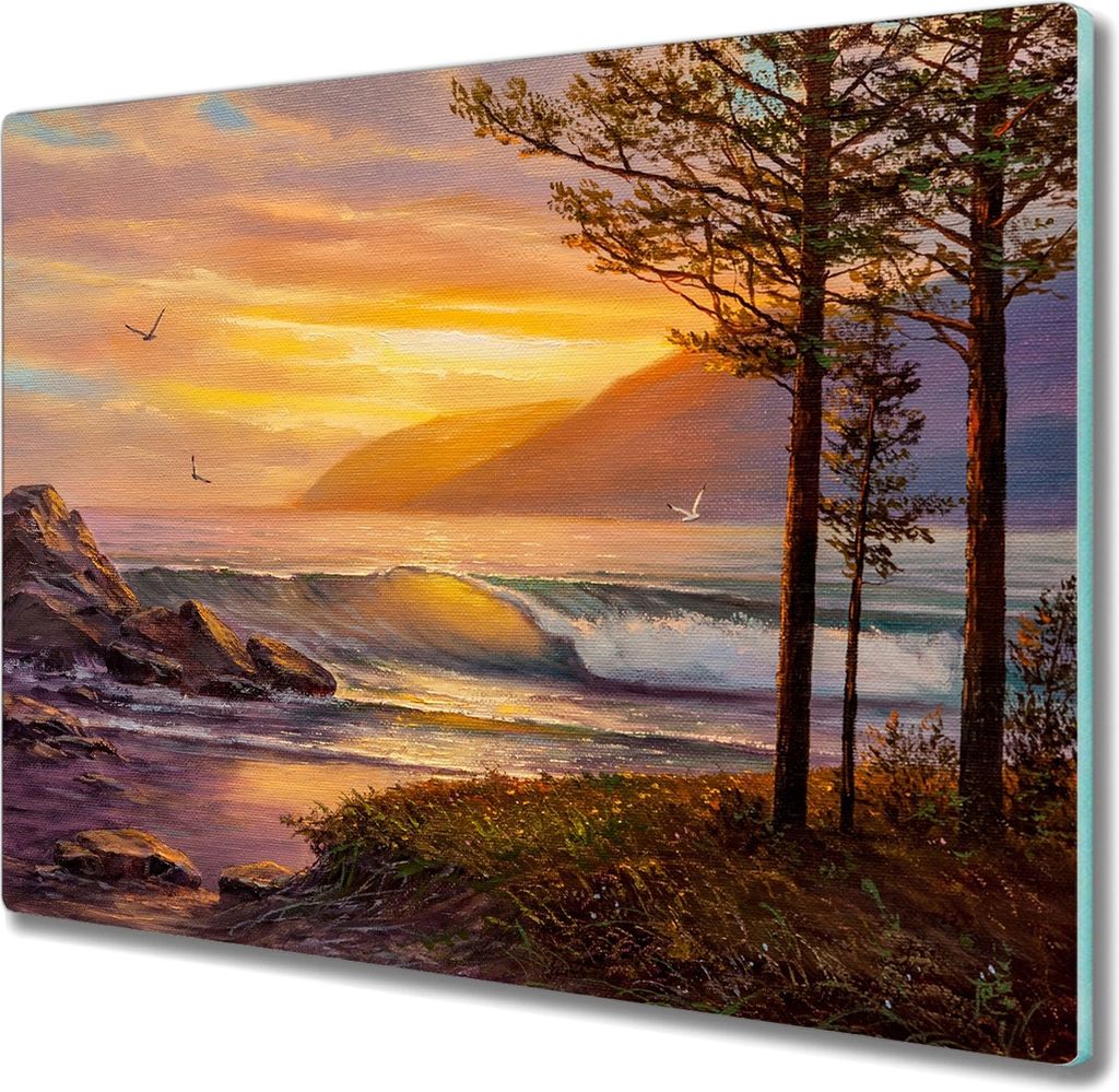 Coloray Hackbrett Küchenbrett Kochplattenabdeckung Schneidebrett Herdabdeckplatte 60x52 cm - Bäume Wellen Sonnenuntergang