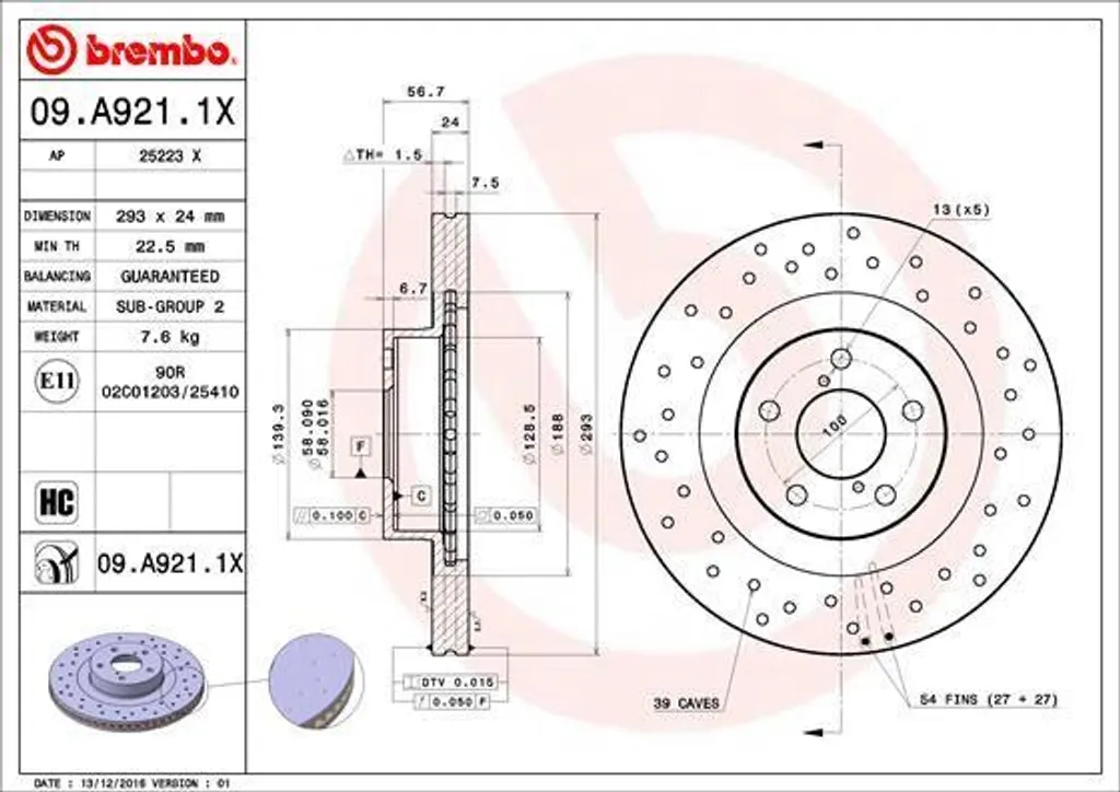 Brembo 09.A921.1X Disque de frein percé avec traitement UV anti-corrosion