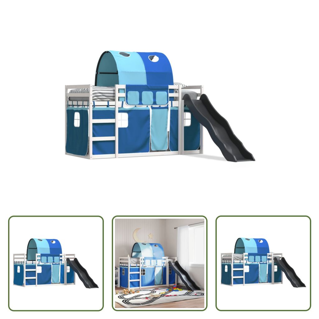 The Living Store Etagenbett mit Rutsche und Gardinen Blau 90x200 cm