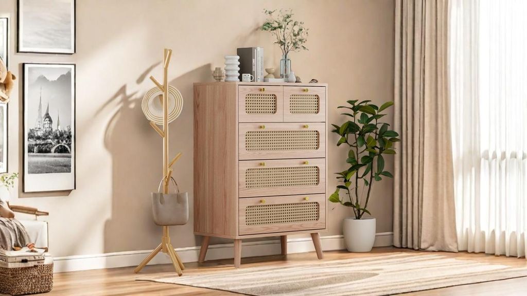 Cassettiera a 5 cassetti in legno naturale con frontali in Immagine del prodotto 