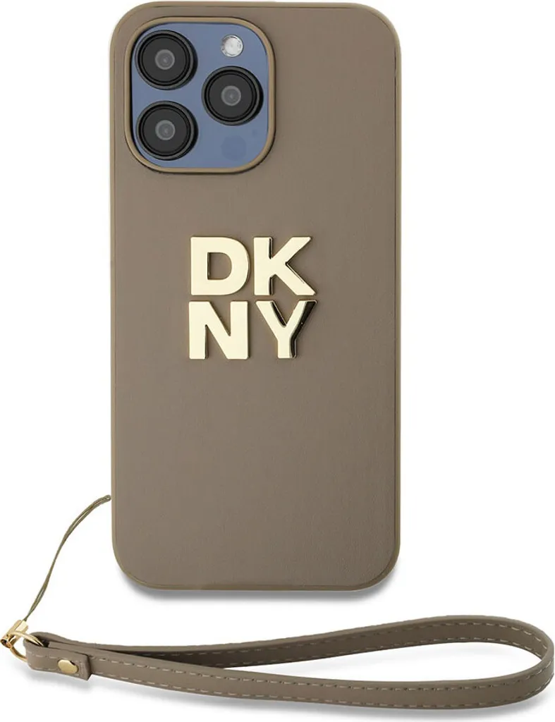 Coque iPhone 14 Pro Max DKNY Beige avec Logo Métallique et Dragonne