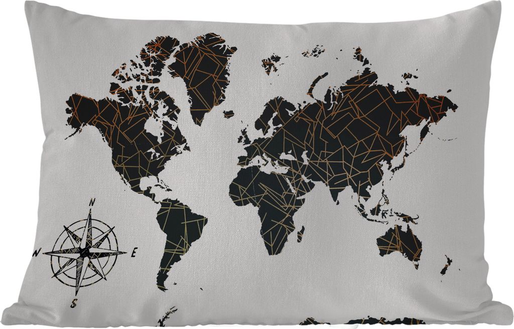 MuchoWow Outdoor Kissen - Weltkarte - Schwarz - Weiß - Kupfer - 60x40 cm - Wetterfest - Lounge Kissen - Zierkissen - Kissen für Innenräume