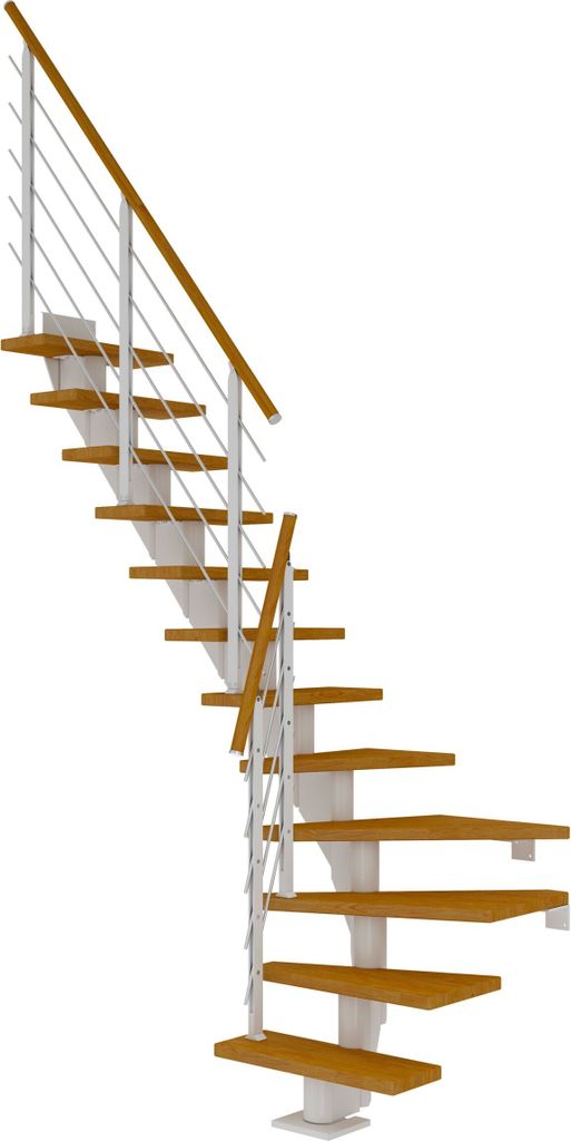 Dolle Mittelholmtreppe Frankfurt 1/4 gewendelt Eiche, geölt 75 cm breit für Geschosshöhen 240 – 279 cm UK Metall Weiß inkl. einseitigem Desig...