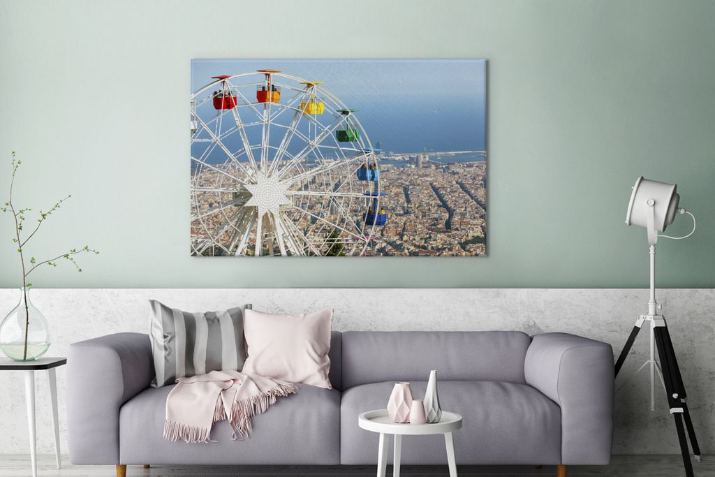 OneMillionCanvasses - Leinwandbilder - 140x90 cm, Riesenrad - Wagen - Regenbogen - Barcelona, Wandbilder Kunstdruck Wanddekoration