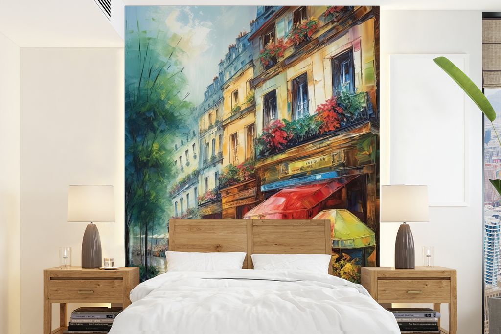 MuchoWow Fototapete für Wohnzimmer oder Schlafzimmer Wandtapete Vinyl Motivtapete Straße - Ölgemälde - Farbenfroh - Stadt - 205x280 cm - Wand...