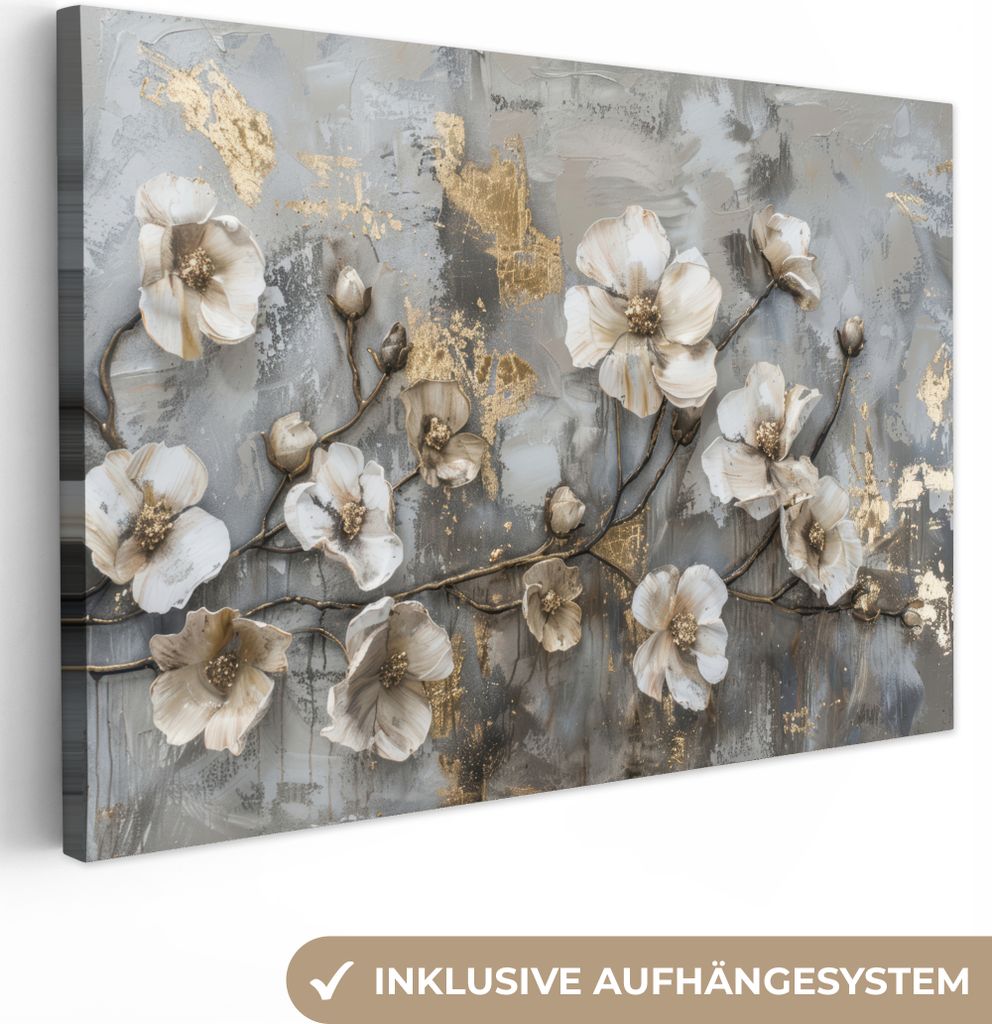 MuchoWow - Leinwandbilder - Blumen - Weiß - Grau - Gold - Luxus, Wandbild, Wanddeko Bilder Wohnzimmer, 30x20 cm