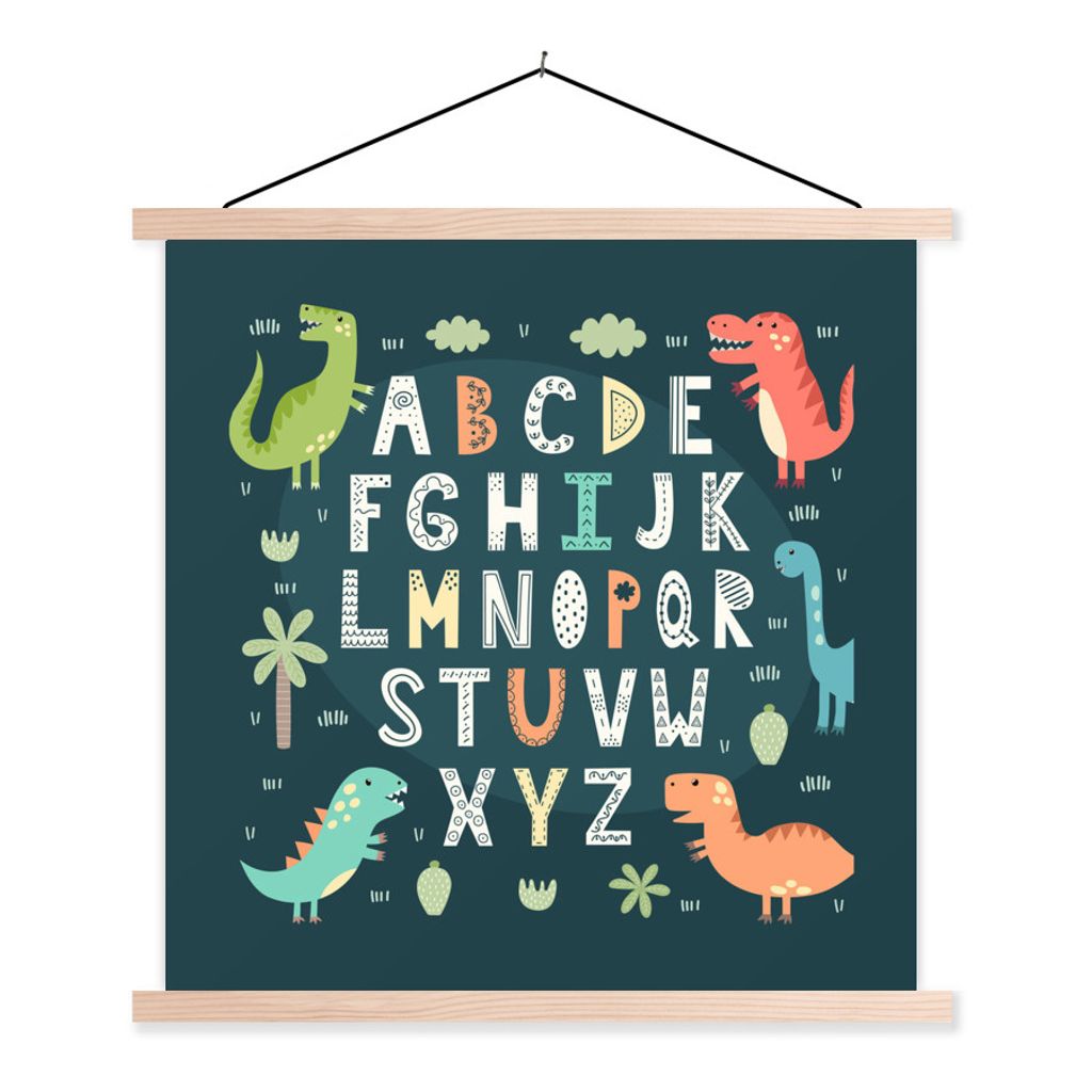 MuchoWow Textilposter Illustriertes Alphabet mit Dinosauriern verziert 120x120 cm mit holzfarbenen Rahmen - Textil-Poster