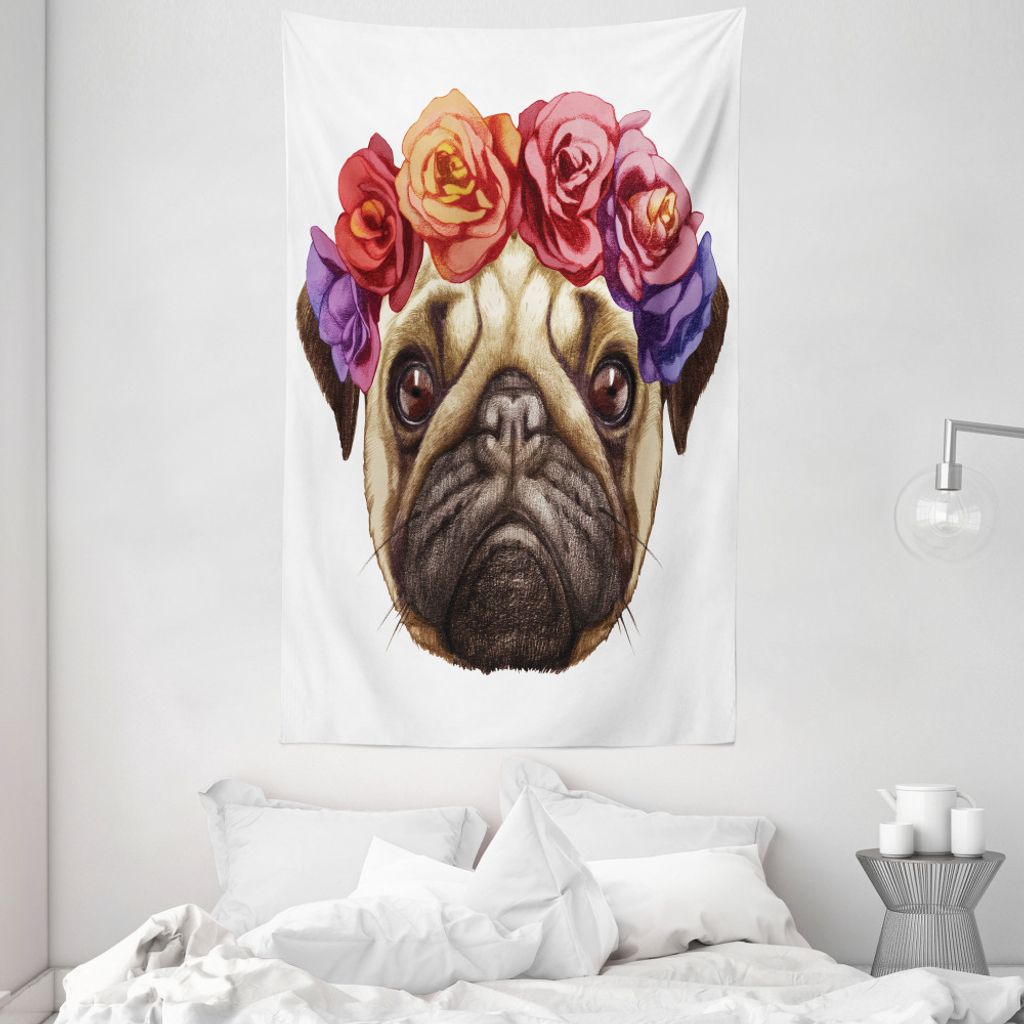 ABAKUHAUS Mops Wandteppich und Tagesdecke, Blumenkopf Kranz Fun aus Weiches Mikrofaser Stoff Waschbar ohne Verblassen Digitaldruck, 140 x 230 cm, H...
