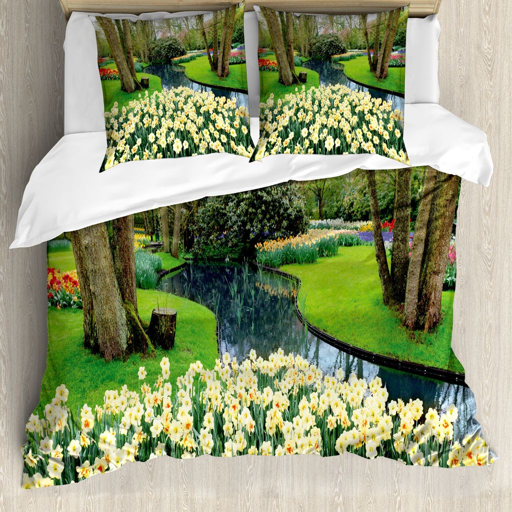 ABAKUHAUS Frühling Bettbezug, Flower Garden Grass Park, Milbensicher Allergiker geeignet mit Kissenbezügen, 155 cm x 220 cm - 80 x 80 cm, Grün u...
