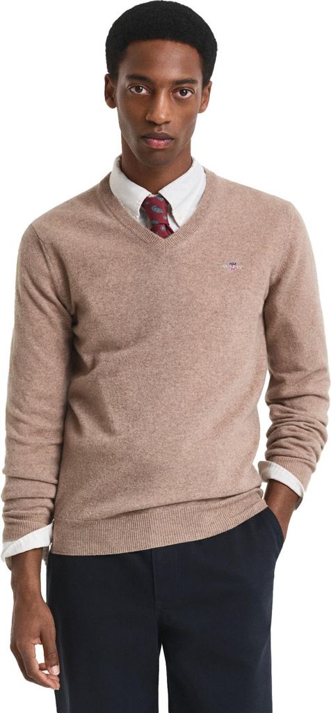 Gant Pullover V-Ausschnitt beige einfarbig Wolle mit Logo