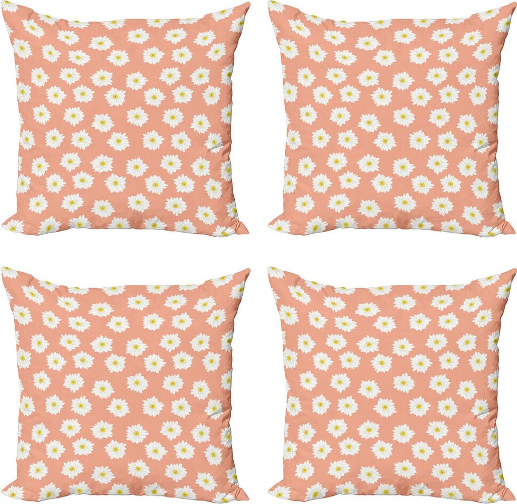 ABAKUHAUS Blumen Kissenbezug Set (4 Stück), Weiße Chrysantheme-Blumen, Moderner Doppelseitiger Digitaldruck, 45 cm x 45 cm, Peach Senf Weiß