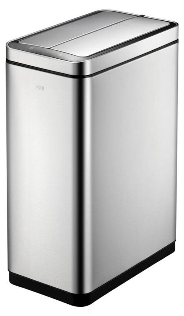 A stainless steel trash can with a dual lid.