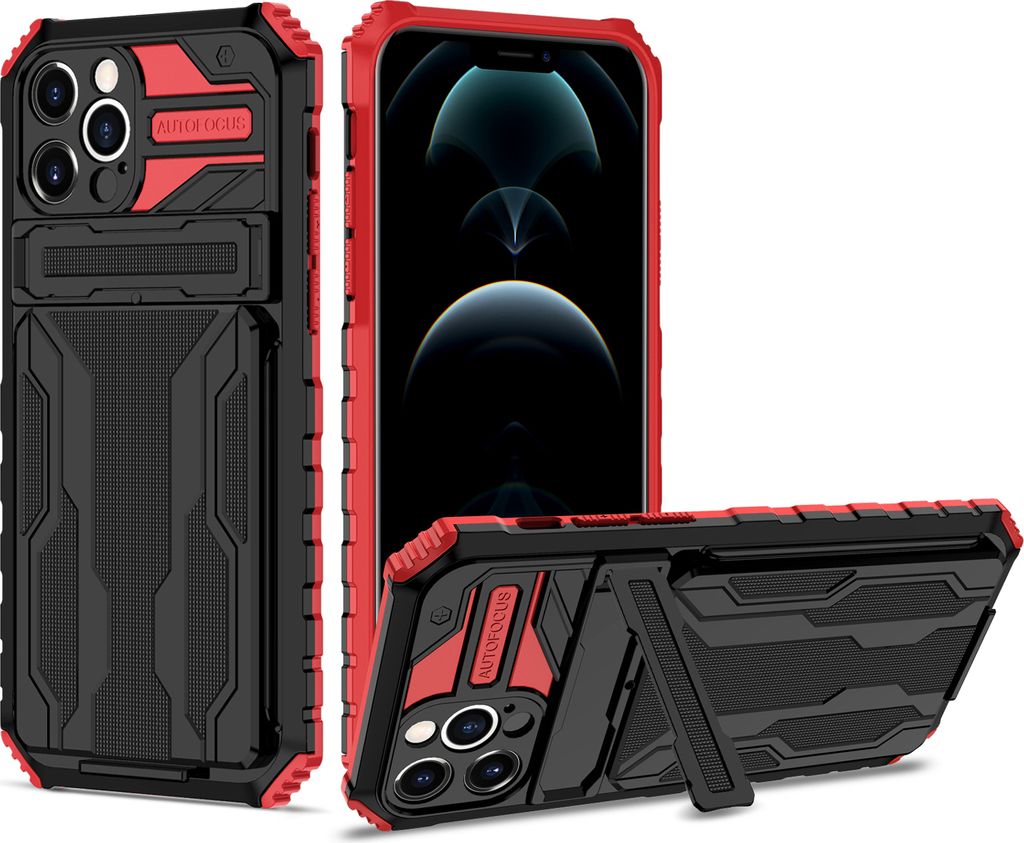 iPhone 12 Pro Hülle, Hybrid Robust Schutz Stoßfest Schutzhülle mit Kartenhalter Ständer für iPhone 12 Pro Rot