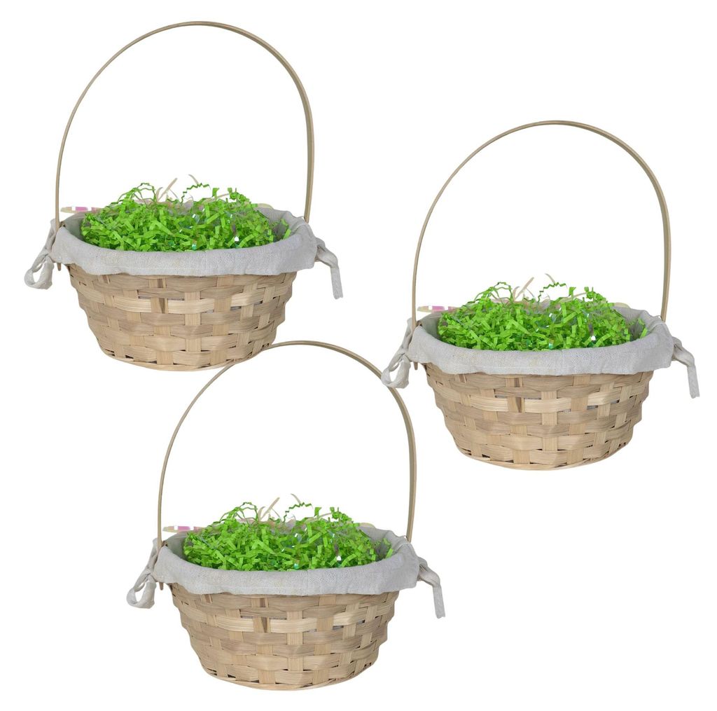 Flechtkorb Osterkorb Bambus, Osterkörbchen mit Henkel & Stoffbezug, Osternest Geschenk Ostern Kinder 3 Stück