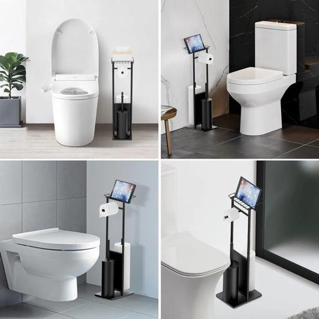Porte-papier hygiénique avec brosse de toilettes et étagère intégrée