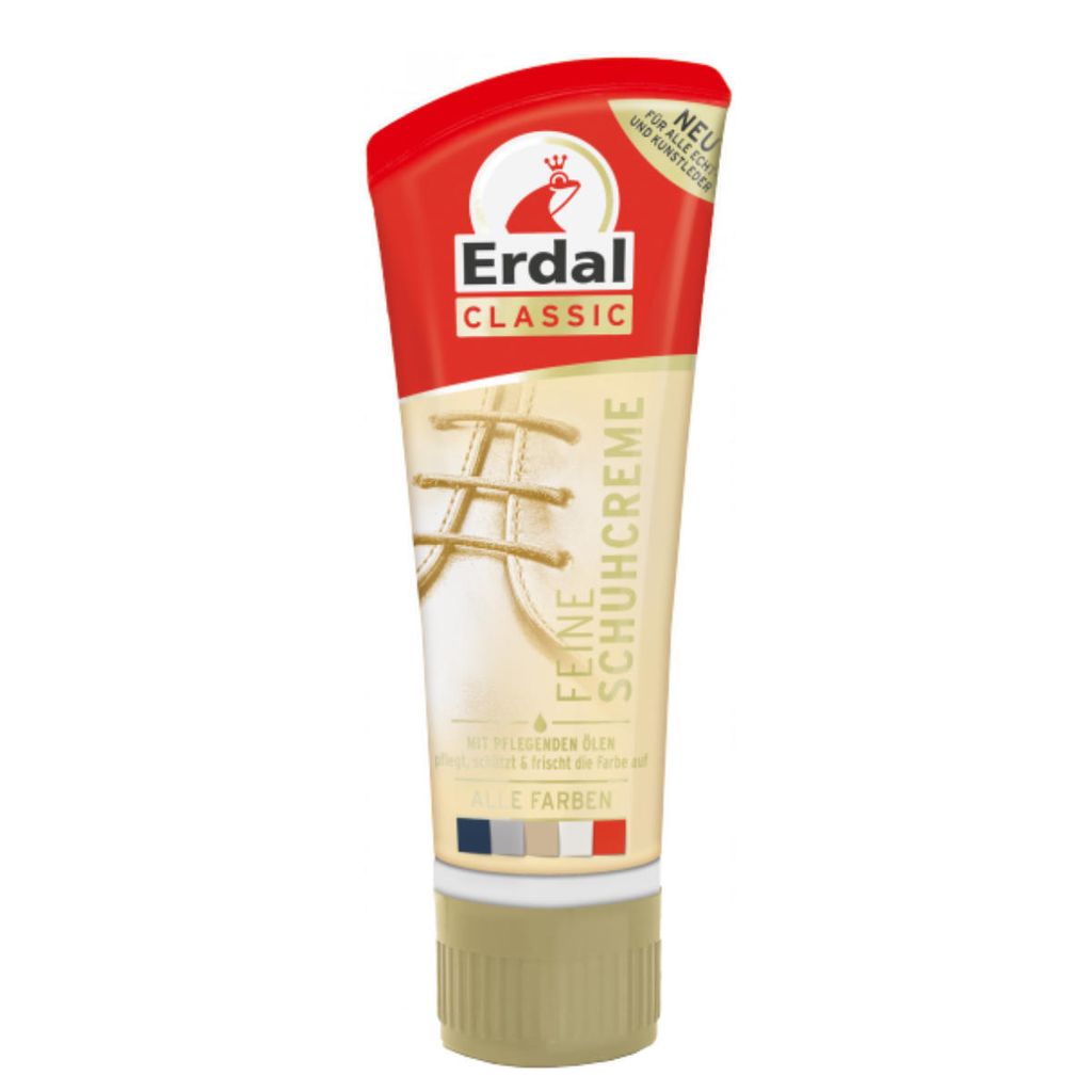 A tube of shoe cream with a red cap and a beige body, showing a graphic of shoe laces.