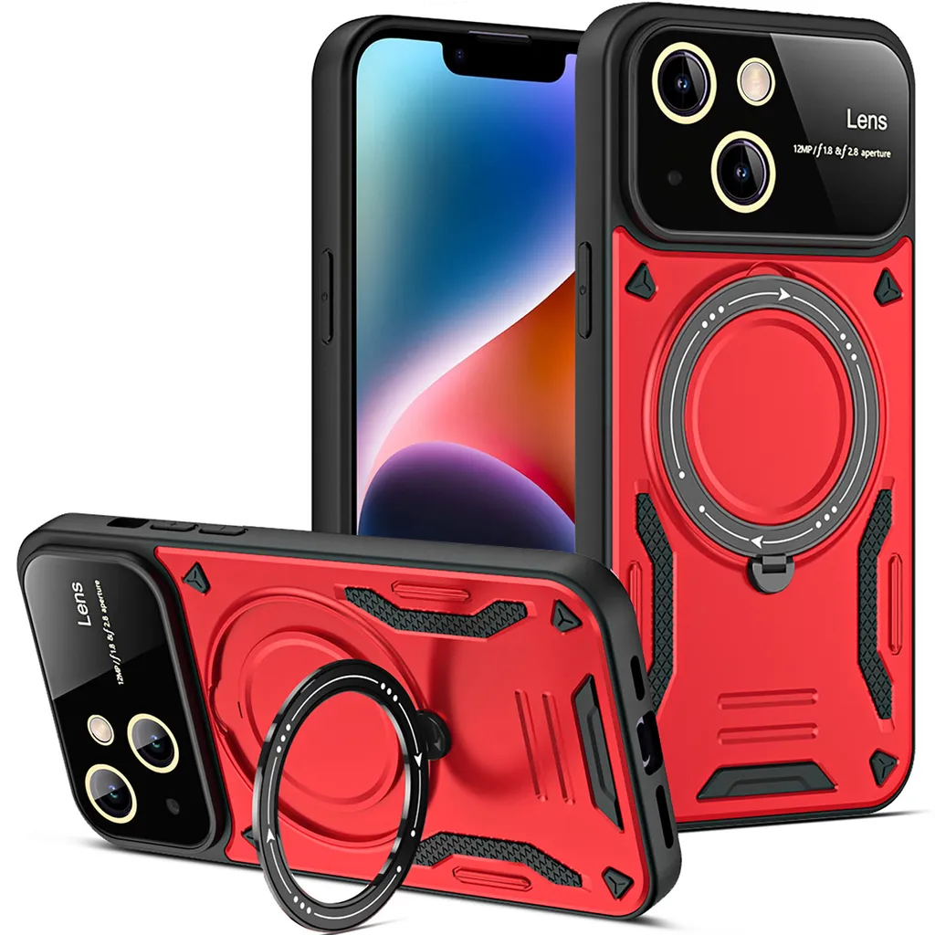 Odolné pouzdro pro iPhone 13 Dual-Layer Magnetic Ring Holder Stand Magsafe Case červené