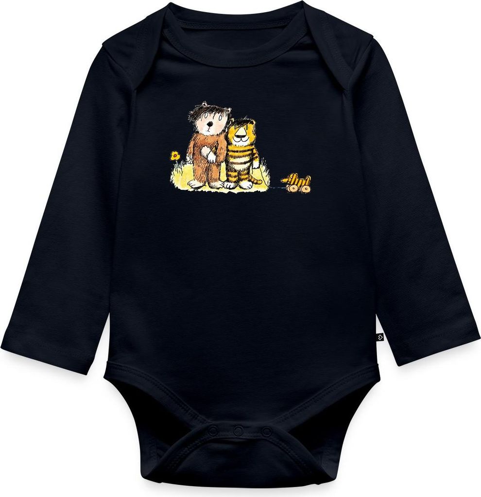 Spreadshirt Janosch Tiger, Bär und Tigerente auf Wiese Tages Baby Body Langarm, 74 (6-9 M.), Navy