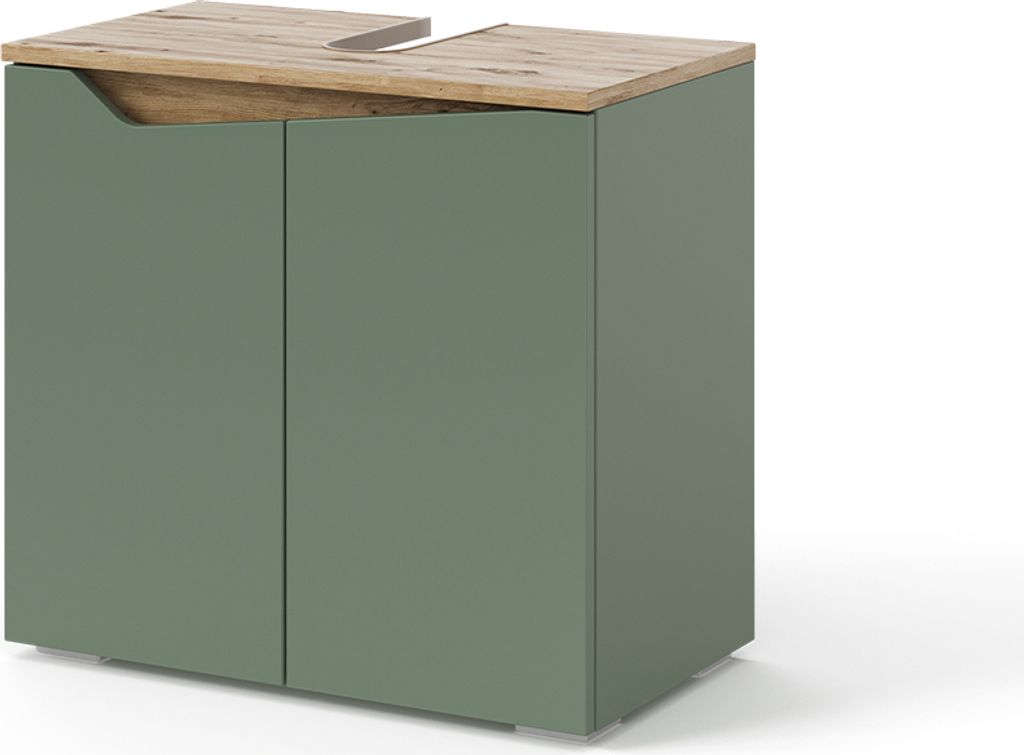 A green vanity cabinet with a wood-tone countertop, shown from a three-quarter angle against a white background.