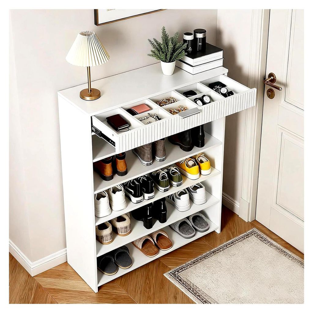 Schmaler Schuhschrank Weiß mit Schublade, Freistehende Schuhkommode aus Holz mit 5 Ebenen für 20 Paar, Kippsicherung, Platzsparender Schuhkipper ...