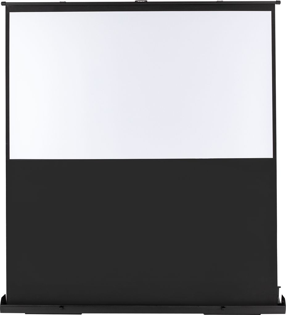 A front view of a projector screen with a white projection surface and a black base.