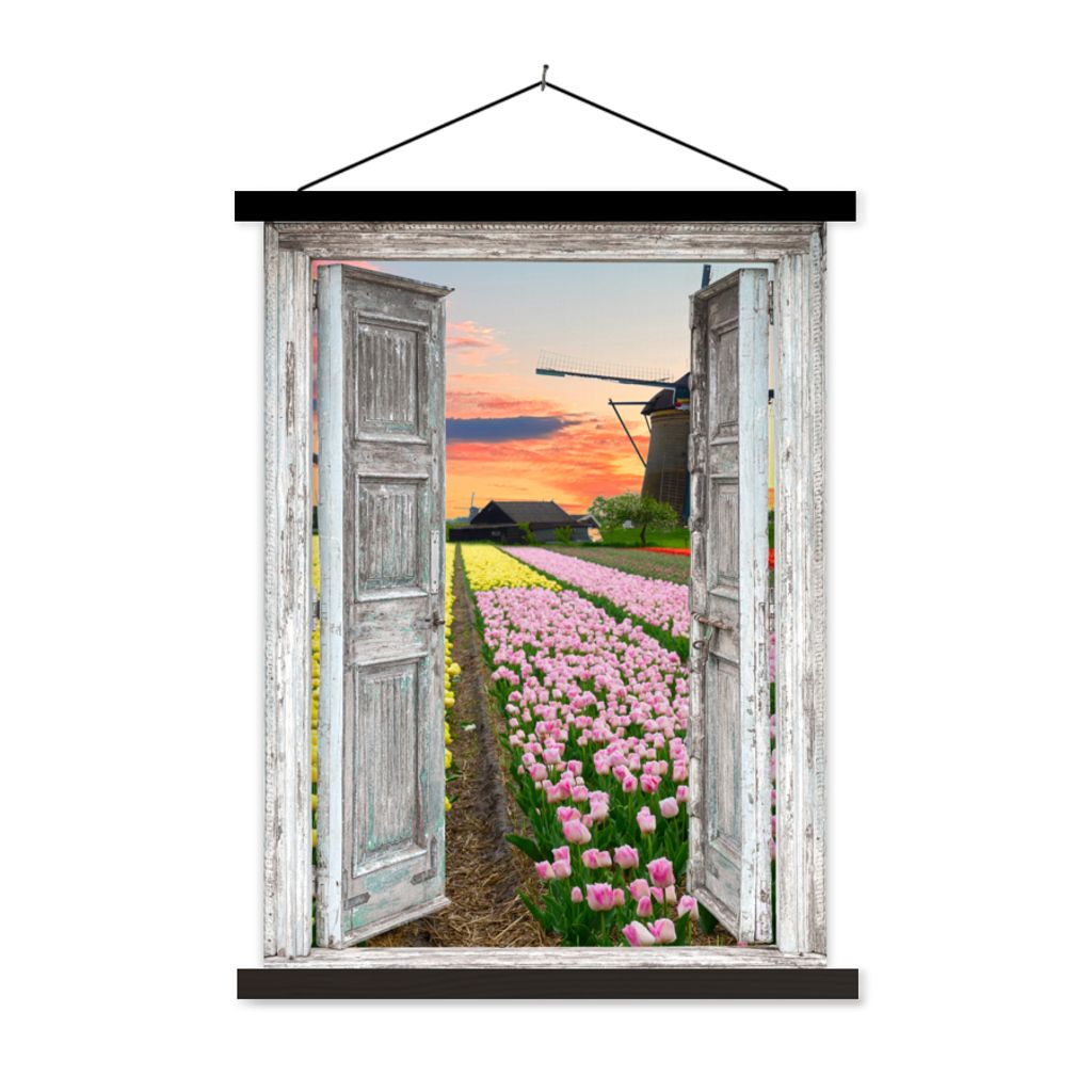 MuchoWow Textilposter Ausblick - Tulpen - Mühle - Abend 90x120 cm mit schwarzem Rahmen - Dekoration