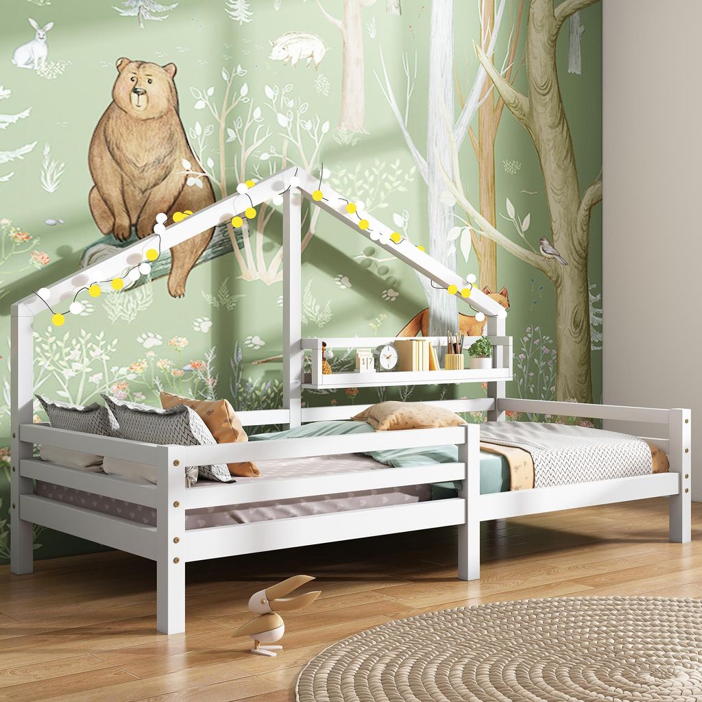 Hausbett Kinderbett in Kaminform mit Ablageregal, 90x200 cm, weiß