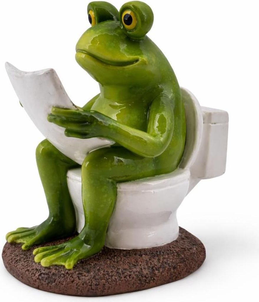 Witzige Frosch-Dekofigur auf Toilette mit Zeitung – Polyresin, 12,5 cm