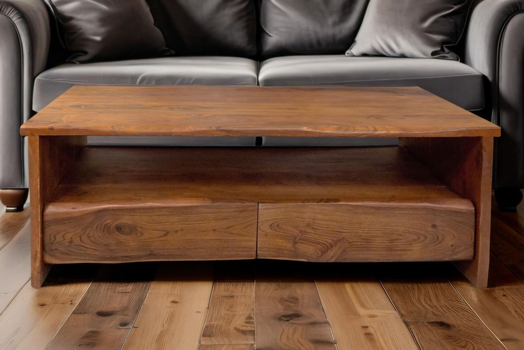 Couchtisch Dahlia I, Sofatisch mit Ablage & 2 Schubladen, Akazienholz massiv + nussbaumfarben + lackiert, Beistelltisch mit echter Baumkante, 130x7...