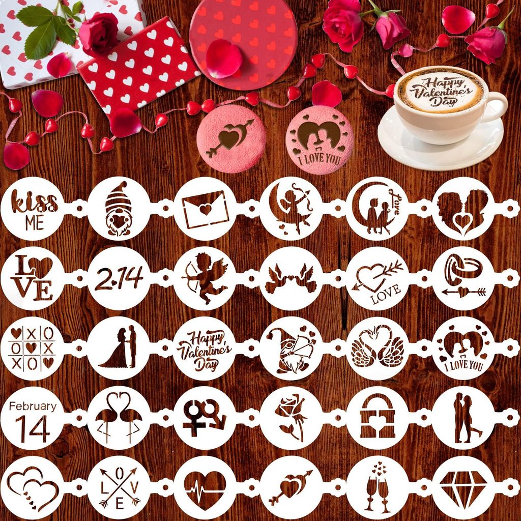 30er Set Valentinstag Kaffeeschablonen, Cappuccino Latte Dekoration