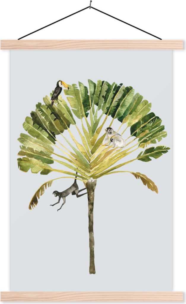 MuchoWow Textilposter Dschungel - Palme - Vogel 120x180 cm mit holzfarbenen Rahmen - Textil-Plakat