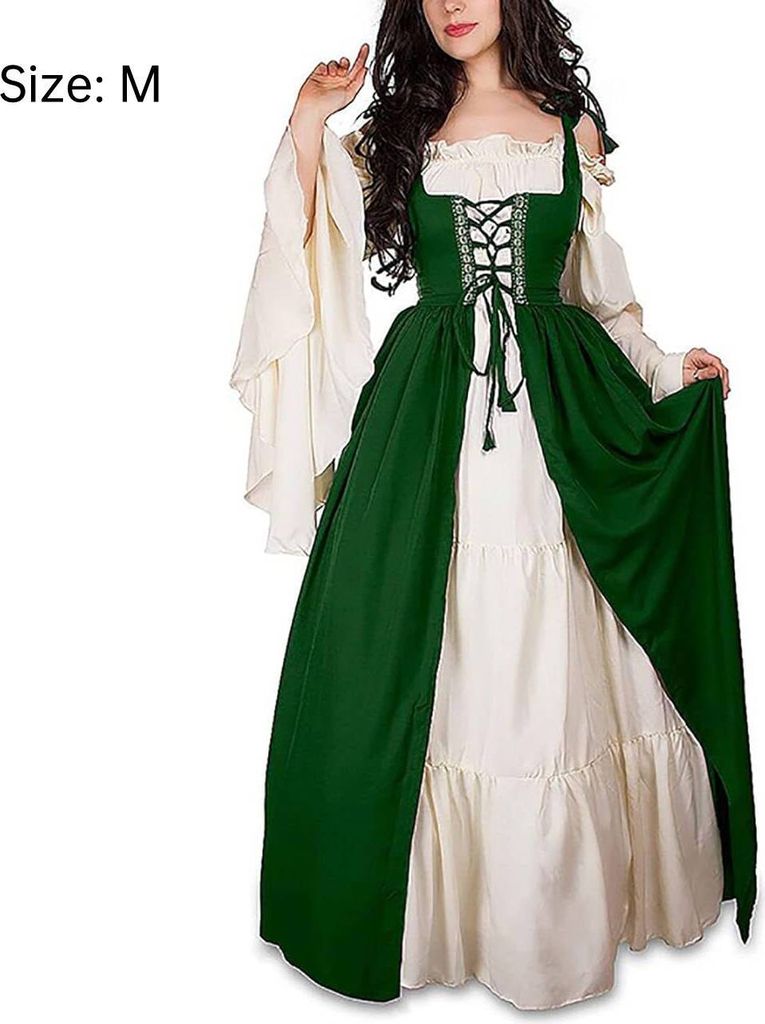 Damen Mittelalterliche Kleid mit Trompetenärmel Mittelalter Party Kostüm Maxikleid, Grün, M