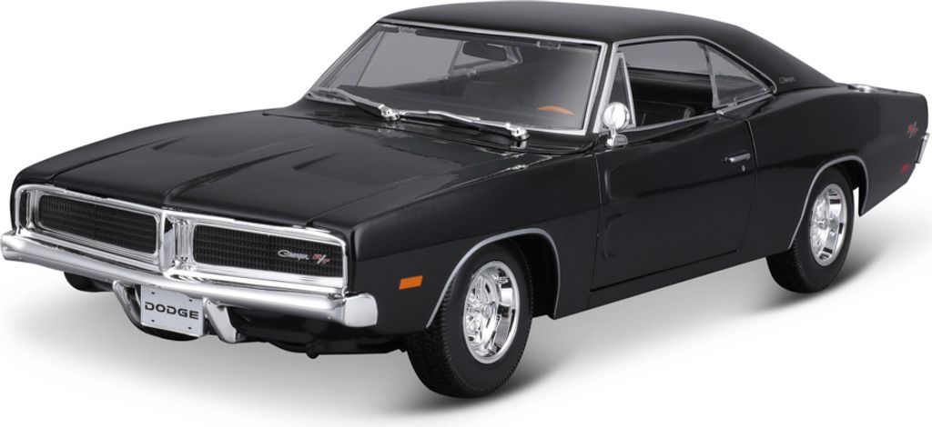 A black 1969 Dodge Charger R/T model car is shown from a three-quarter front angle against a white background.