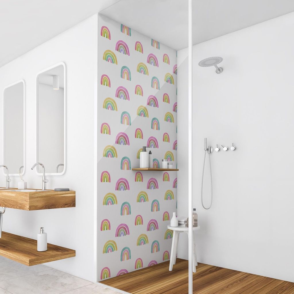 Duschrückwand mit Motiv selbstklebend - 0.61 mm Wandpaneel wasserfest Regenbogen bunt Aquarell Illustration Badrückwand fugenlos Premium matt 110...