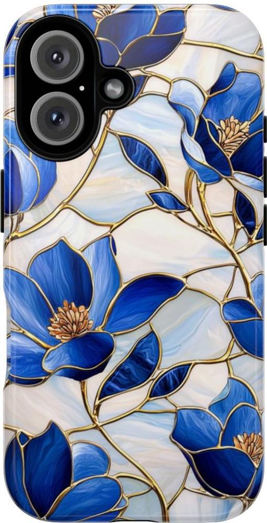 Blaue Glasmalerei mit Blumenmuster – Hülle Kompatibel mit iPhone 16