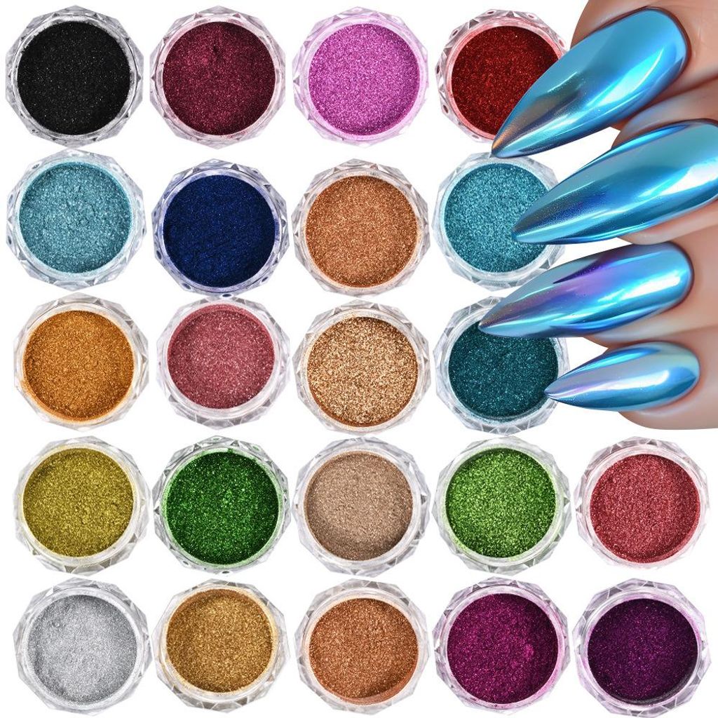 Nagelglitzer Puder - 22 Farbfläschchen - Chrompulver für Produktbild 