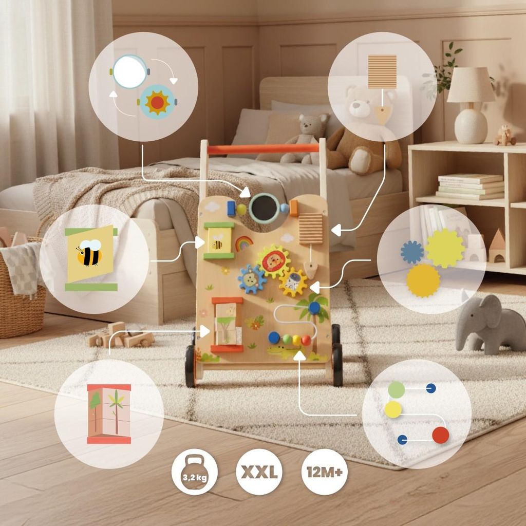 Girello In Legno Multifunzione Con Xilofono, Puzzle, Specchio E Ruote Antiscivolo – Per Imparare A Camminare