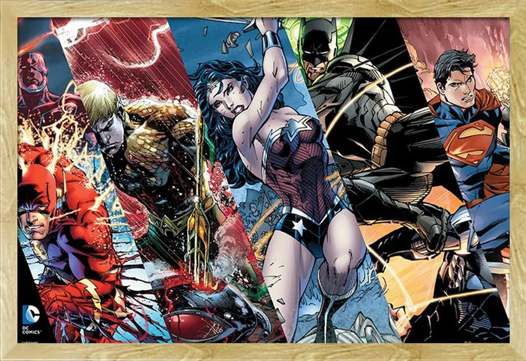 Poster Justice League Heroes avec Cadre en Bois Hêtre et Vitre Acrylique
