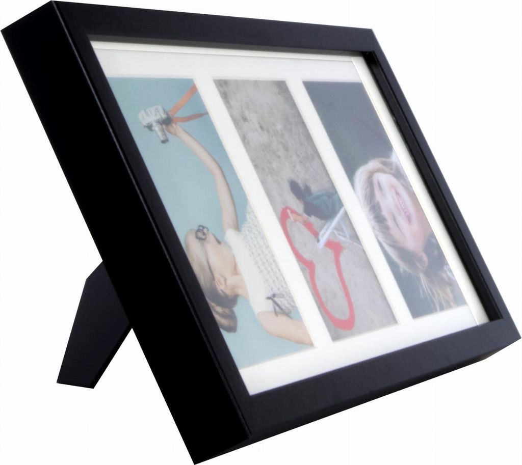 A black multi-photo frame with three vertical photo slots, displayed at an angle on a white background.