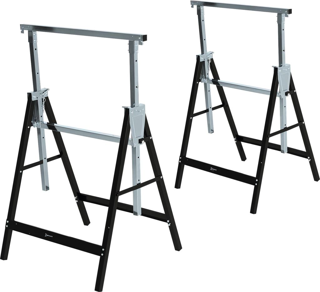 Sägebock / Arbeitsbock – Höhenverstellbar, faltbar, aus Metall, Farbe: Schwarz, Maße: 68 × 56 × 80–130 cm, Belastbarkeit: 200 kg.