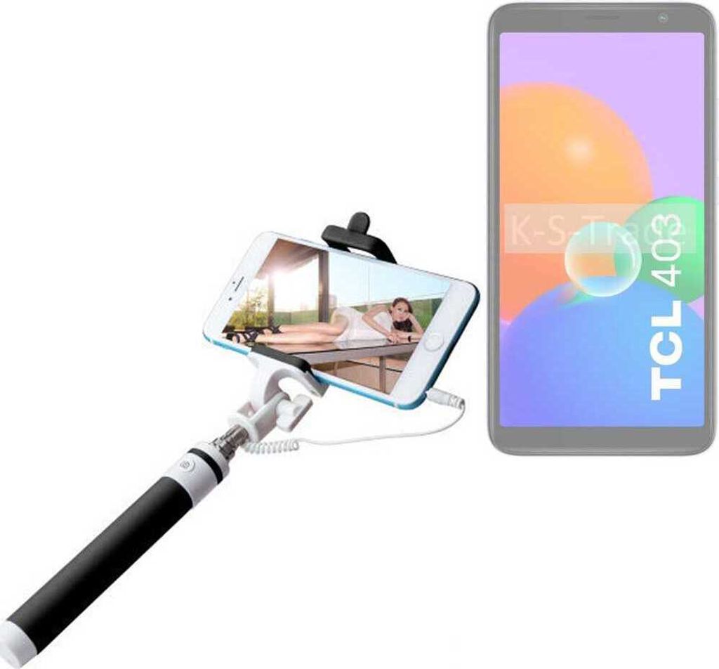 K-S-Trade Selfie Stick kompatibel mit TCL 403 Selfiestick kabelgebunden Monopod mit Kabel Stab Stange Selfportrait Handheldstick schwarz 1x